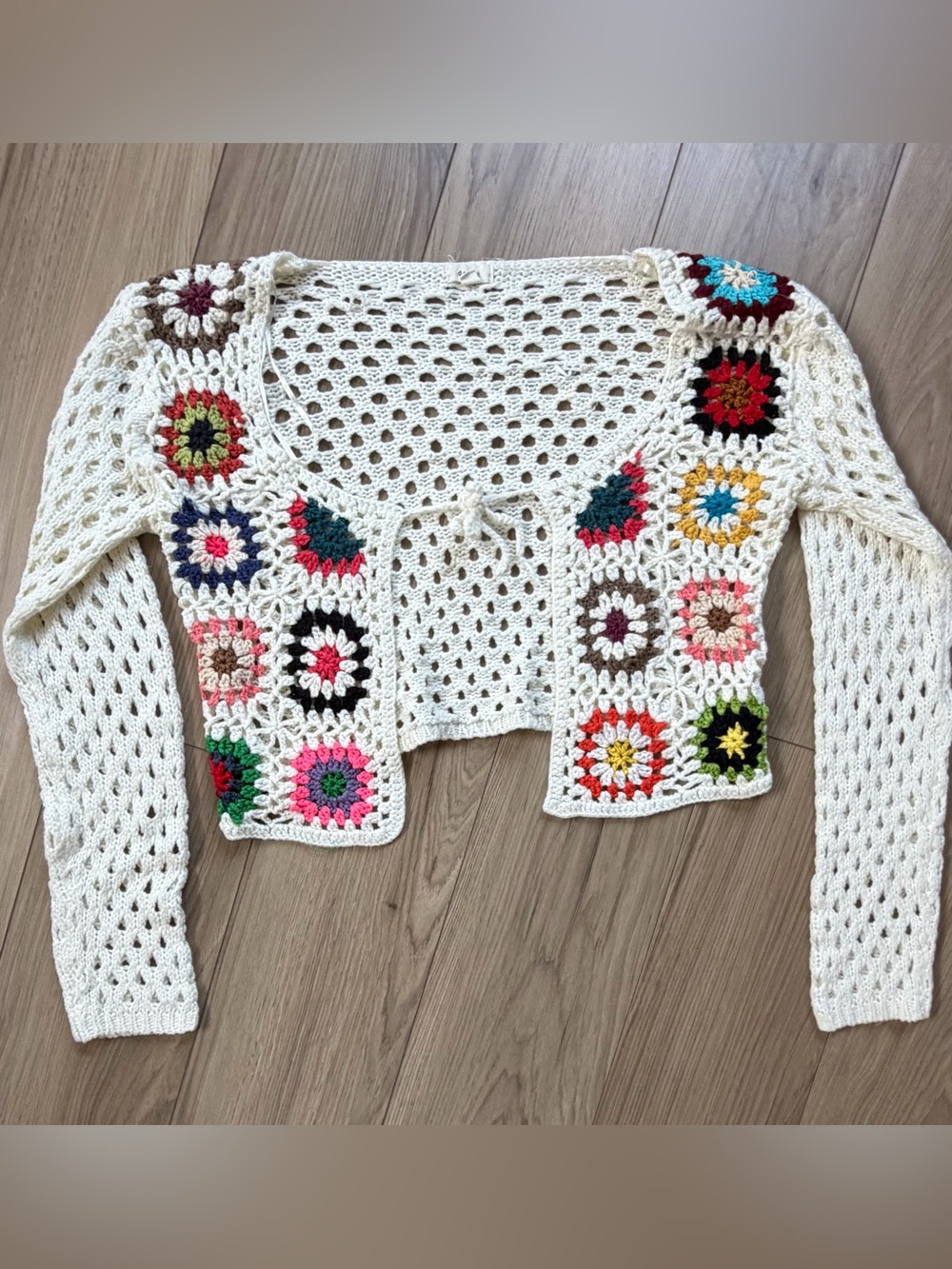 Debut Crocheted Granny Square Open Knit Crop Cardigan Sz M